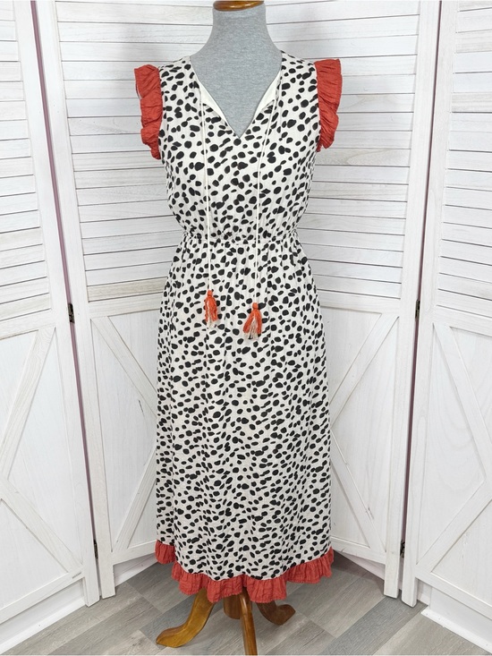 THML Dresses & Skirts - THML Animal Print Ruffle Trim Midi Dress Sundress Ivory Black XS Leopard Cottage